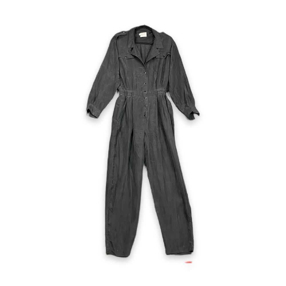 Vintage Rafaella Jumpsuit Womens Medium Black Silk Button Front Safari Utility